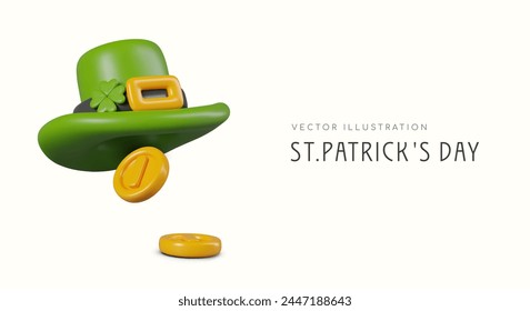 Composición realista de Vector para el Día de San Patricio. Tradicional sombrero de duende con hebilla de oro, monedas