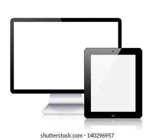 Vector realistic computer tablet and computer monitor on white background. Eps10