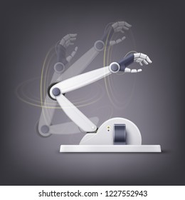 Vector realistic concept of fictional anthropomorphic white robotic hand with control buttons in different positions and rotations isolated on dark background
