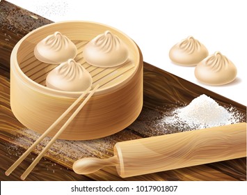 Vector realistic concept illustration with Chinese dumplings or xiao long bao in bamboo steamer, with rolling pin, chopsticks, scattered flour on wooden board. Background with traditional China food