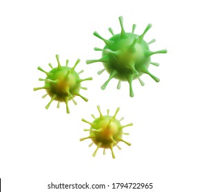 Vector realistic coronavirus sphere cells icons. Green pathogen bacteria, flu and covid infection symbol. Epidemic bacterium, disease contamination. Scientific and bio medical research symbol