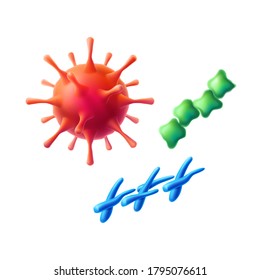 Vector realistic coronavirus sphere cells, bacterium and microbes set. Red pathogen flu and covid infection symbol. Epidemic bacterium, disease contamination. Scientific bio medical research symbol