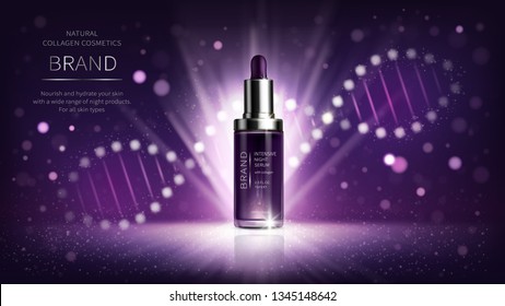 Vector Realistic Cosmetic Ads Poster. Smart Skin Care Cosmetics, Night Serum With Collagen On Purple Background With DNA Helix. Product For Skin Beauty, Mock Up For Glossy Magazine, Catalog