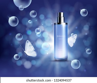 Vector realistic cosmetic background. Light blue glass spray bottle in light rays on blue background with air bubbles and butterflies. Advertising cosmetics for glossy magazines or catalog