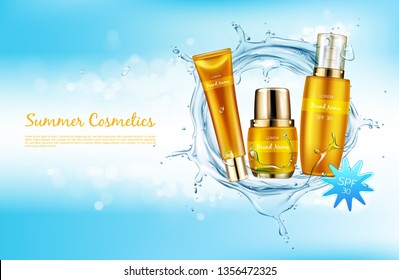 Vector realistic cosmetic background promo banner for summer spf cosmetics. Sunscreen products in elegant golden package on blue shining background with liquid water splash mock up for glossy magazine