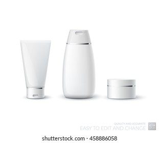 Las botellas cosméticas vectoriales se burlan de fondo blanco. Plantilla de identidad cosmética. Envase de champú, crema de tubo, embalaje para el cuidado del cuerpo. Diseño vacío para concepto de belleza, medicina. Conjunto de diseño.