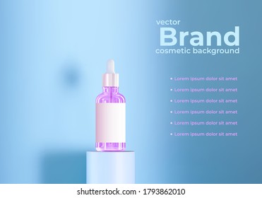 Vector realistic cosmetic color container glass with collagen solution advertising background. Mock up of brand. Beauty product ad design. Transparent pipette