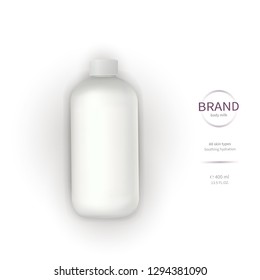 Vector realistic cosmetic container template, white plastic bottle with screw cap and brand label isolated on white background. Skin care cosmetics, cream, lotion, liquid soap or bath foam