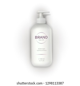 Vector realistic cosmetic container template, white plastic bottle with dispenser, pump and brand label isolated on white background. Skin care cosmetics, cream, lotion, liquid soap or bath foam