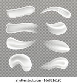 Vector realistic cosmetic cream smears. Facial creme, foam, gel or body lotion swatch isolated on transparent background.