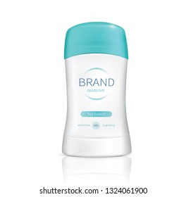 Vector realistic cosmetic product, dry stick deodorant with fresh fragrance. Antiperspirant in white plastic tube with blue cap isolated on white glossy background. Mock up for catalog