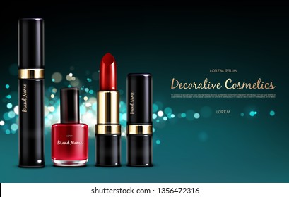 Vector realistic cosmetic promo poster. Banner with a female red collection of makeup cosmetics, scarlet lipstick and nail polish, mascara on blue shining background. Products for bright makeup