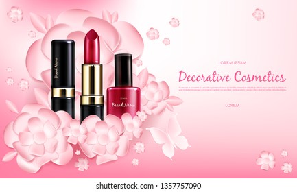 Vector realistic cosmetic promo poster. Banner with woman red collection of makeup decorative cosmetics, scarlet lipstick and nail polish on pink spring floral background. Products for bright makeup