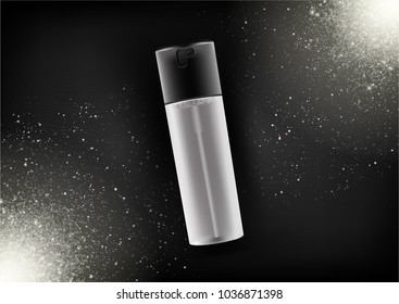 Vector realistic cosmetic spray bottle with dispenser for fixing spray,tonic,thermal water,hair products.Transparent matt bottle with,black lid.Isolated object,black fashion background with sparkles.