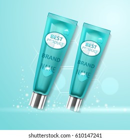 Vector realistic cosmetic tubes. Cream template with light effects