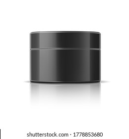Vector realistic cosmetics jar mockup. Glossy cream package round bottle. Blank black skin care gel, lotion. Natural ingredients anti-aging cream. Face lifting cream.