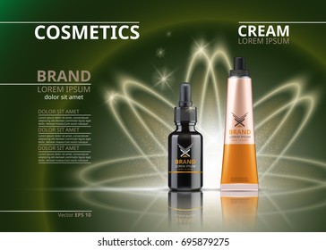 Vector Realistic Cosmetics package. Hydrating Under Eye Gel tube and face serum. Beauty products with logo label design. 3d set collection on sparkling background