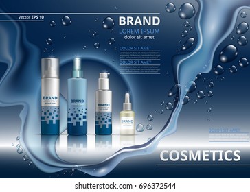 Vector Realistic Cosmetics set collection packages. Bottles for beauty products with logo label design. Hydrating Skin care gel, mousse, spray and serum. Mock up 3D. Sparkling water drops backgrounds