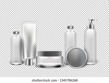 Vector Realistic Cosmetics Transparent Background. Set Boxes Jars Transparent Gray Color Isolated. Antiperspirant Jars Day Cream Plastic Safe for Use. Mock-up Bottles Tubes Female Cosmetics.