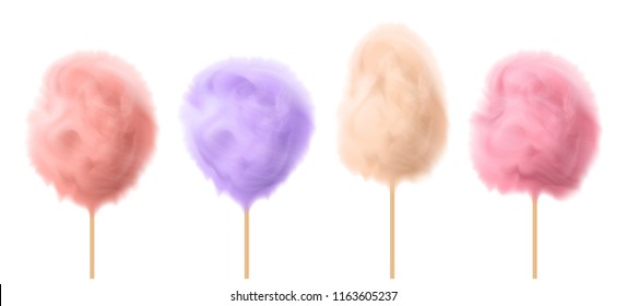 Vector realistic cotton candy on wooden sticks. Delicious summer food, traditional carnival product. Tasty confectionery, fluffy cloud sweetness in pink, violet beige colors. Soft dessert, yummy.