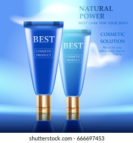 Vector realistic cream tubes. Day cosmetic. Background with sky and clouds