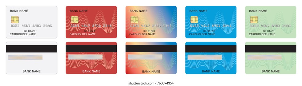 Vector realistic credit card front and back side view mock up. White, red, gradient, blue, green.