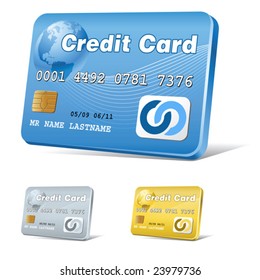 vector realistic credit card icon, blue,gold and silver versions