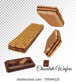 Vector realistic and crispy waffle bar filled milk chocolate cream. Colorful isolated wafer and chocolate bar on transparent background. Ad package crunchy sweet wafer.