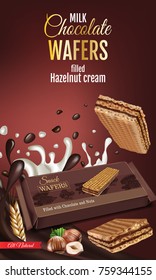 Vector realistic and crispy waffle bar filled milk chocolate and hazelnut cream. Colorful isolated wafer and hazelnut on brown background. Ad package crunchy sweet wafer.