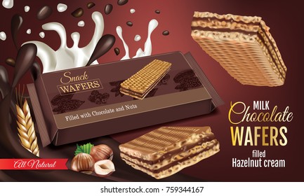 Vector realistic and crispy waffle bar  filled milk chocolate and hazelnut cream.. Colorful isolated wafer and hazelnut on brown background. Ad package crunchy sweet wafer.