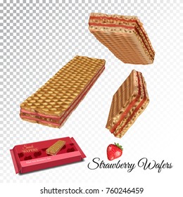 Vector realistic and crispy waffle bar with strawberry cream. Colorful isolated wafer and strawberry on transparent background. Ad package crunchy sweet wafer.