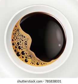 Vector realistic cup of brown coffee with foam bubbles top view closeup. Hot delicious beverage mockup, drink in white ceramic, porcelain cup. Business, morning refreshing symbol isolated illustration