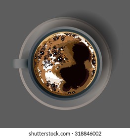 Vector realistic cup of coffee, americano, espresso, cheerful morning. Design for coffee bar. Beautiful coffee grounds, thick crema. Coffee cup on ceramic cups and saucers