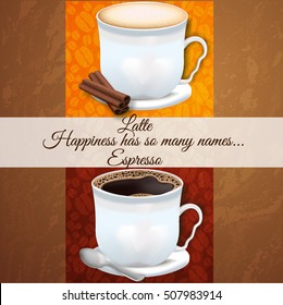 Vector realistic Cup of coffee espresso and latte with a spoon and a cinnamon stick
