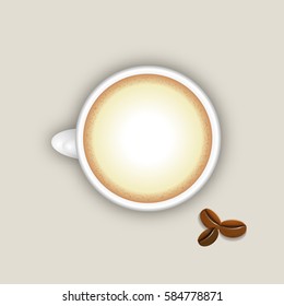 Vector realistic cup of coffee top view and coffee beans.