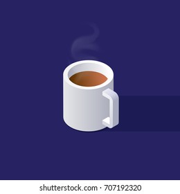 Vector realistic cup. Isometric mug with steam on dark background. Hot drink flat icon.