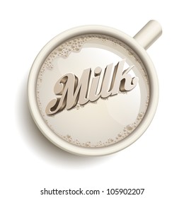 Vector realistic cup of milk and "Milk" text. All elements are layered separately in vector file.