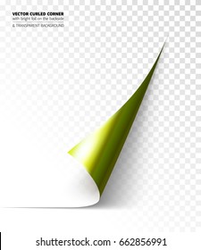 Vector realistic curled corner with bright reflection foil on the backside and shadow. Transparent background realistic vector illustration.