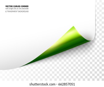 Vector realistic curled corner with bright reflection foil on the backside and shadow. Transparent background realistic vector illustration.