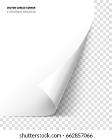 Vector realistic curled corner with bright reflection foil on the backside and shadow. Transparent background realistic vector illustration.
