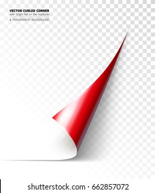 Vector realistic curled corner with bright reflection foil on the backside and shadow. Transparent background realistic vector illustration.