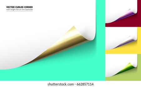 Vector realistic curled corner with bright reflection foil on the backside and shadow.