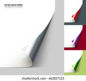 Vector realistic curled corner with bright reflection foil on the backside and shadow.