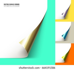 Vector realistic curled corner with bright reflection foil on the backside and shadow.
