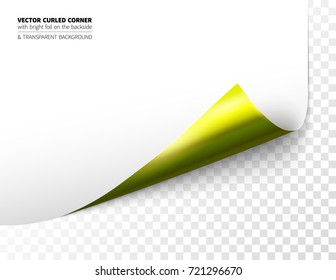Vector realistic curled corner with bright reflection foil on the backside and shadow. Transparent background realistic vector illustration.