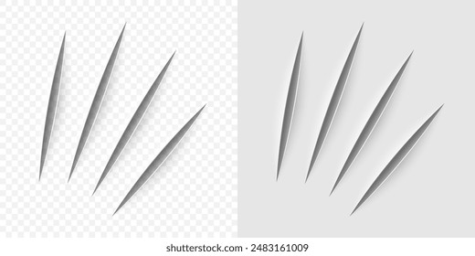 Vector de corte realista con un cuchillo de oficina en la hoja de papel aislado. Las garras de los animales arañan sobre fondo transparente.