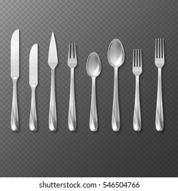 Vector realistic cutlery set, silver or steel fork, spoon, knife.