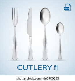 Vector realistic cutlery set, silver or steel fork, spoon, knife
