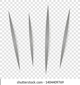 Vector realistic Cuts in paper sheet with a shadow on transparent background. 3d incision in the paper. Set of vertical cuts. Claw or a knife marks.