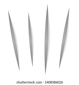 Vector realistic Cuts in paper sheet with a shadow on  white background. 3d incision in the paper. Set of vertical cuts. Claw or a knife marks.